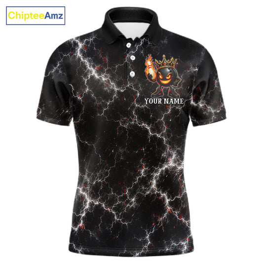Personalized crown bowling ball lightning bowling team jersey polo shirt for men featuring a royal crown, bowling ball and lightning design, premium custom bowling league apparel for tournaments and league play.