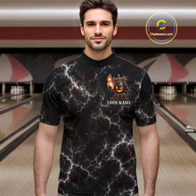 Load image into Gallery viewer, Man wearing personalized crown bowling ball lightning bowling team jersey quarter zip shirt featuring crown and lightning bowling ball artwork, front view.