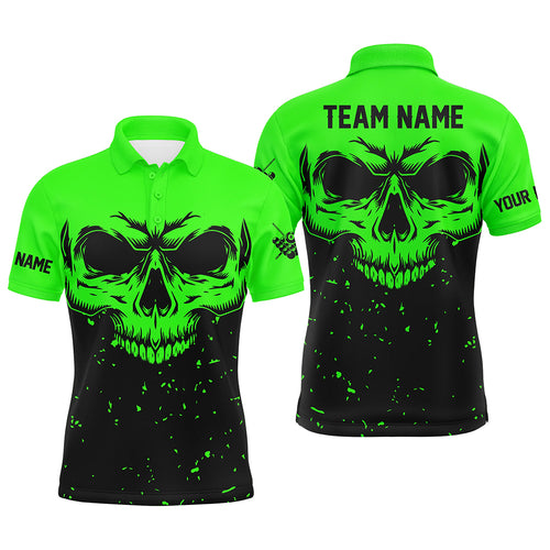 Custom Grunge Black Green Skull Billiard Men Polo Shirts, 8 Ball Billiards Apparel Clothing TDM0735