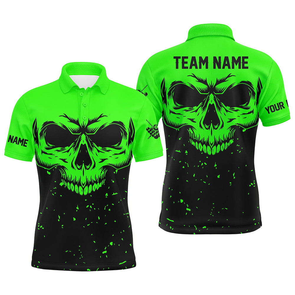 Custom Grunge Black Green Skull Billiard Men Polo Shirts, 8 Ball Billiards Apparel Clothing TDM0735