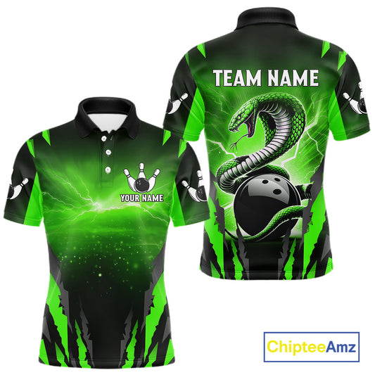 Green Thunder Lightning Cobra Snake Bowling Shirts For Men Custom Bowling Jersey Polo & 1/4 Zip TDM6084
