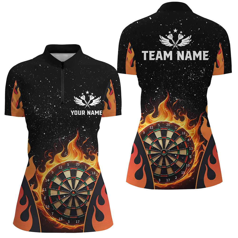 Custom Orange Darts Flaming Women Darts Quarter-Zip Shirts, Team Jersey Darts League Shirts TDM1455