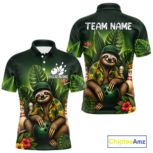 Custom Green Funny Sloth Tropical Bowling Shirts For Men, Bowling Team Jersey Polo & 1/4 Zip TDM6529