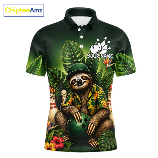 Custom Green Funny Sloth Tropical Bowling Shirts For Men, Bowling Team Jersey Polo & 1/4 Zip TDM6529