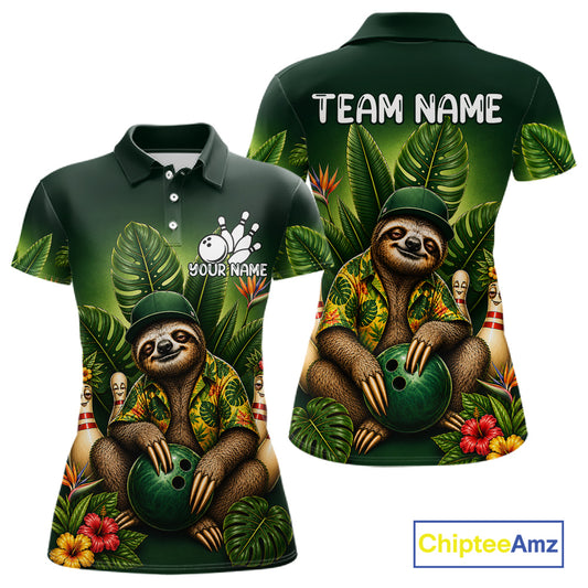 Custom Green Funny Sloth Tropical Bowling Shirts For Women, Bowling Team Jersey Polo & 1/4 Zip TDM6529