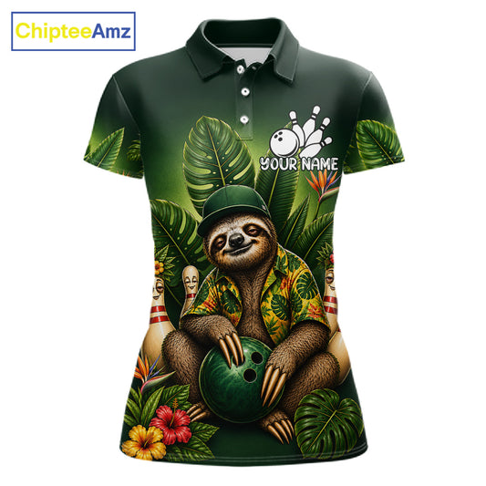 Custom Green Funny Sloth Tropical Bowling Shirts For Women, Bowling Team Jersey Polo & 1/4 Zip TDM6529
