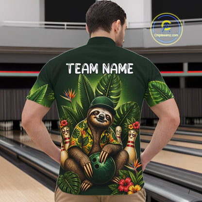 Custom Green Funny Sloth Tropical Bowling Shirts For Men, Bowling Team Jersey Polo & 1/4 Zip TDM6529