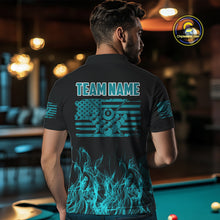 Load image into Gallery viewer, Turquoise Flaming American Flag Men&#39;s Billiard Shirt Custom Patriotic Pool Player Billiard Jersey TDM4194