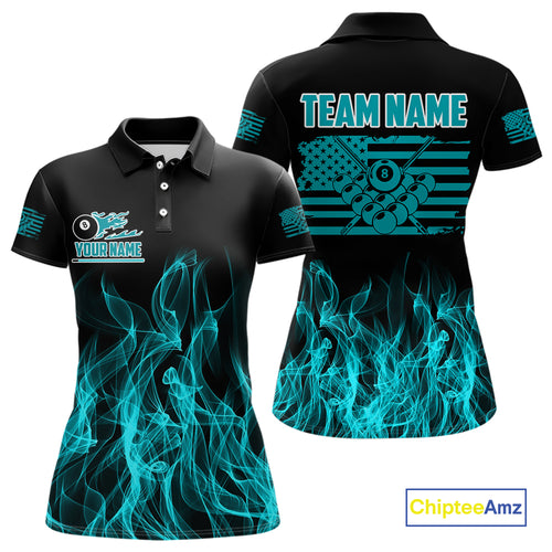Turquoise Flaming American Flag Women's Billiard Shirt Custom Patriotic Pool Player Billiard Jersey TDM4194