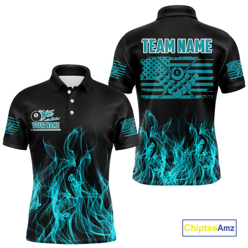 Turquoise Flaming American Flag Men's Billiard Shirt Custom Patriotic Pool Player Billiard Jersey TDM4194