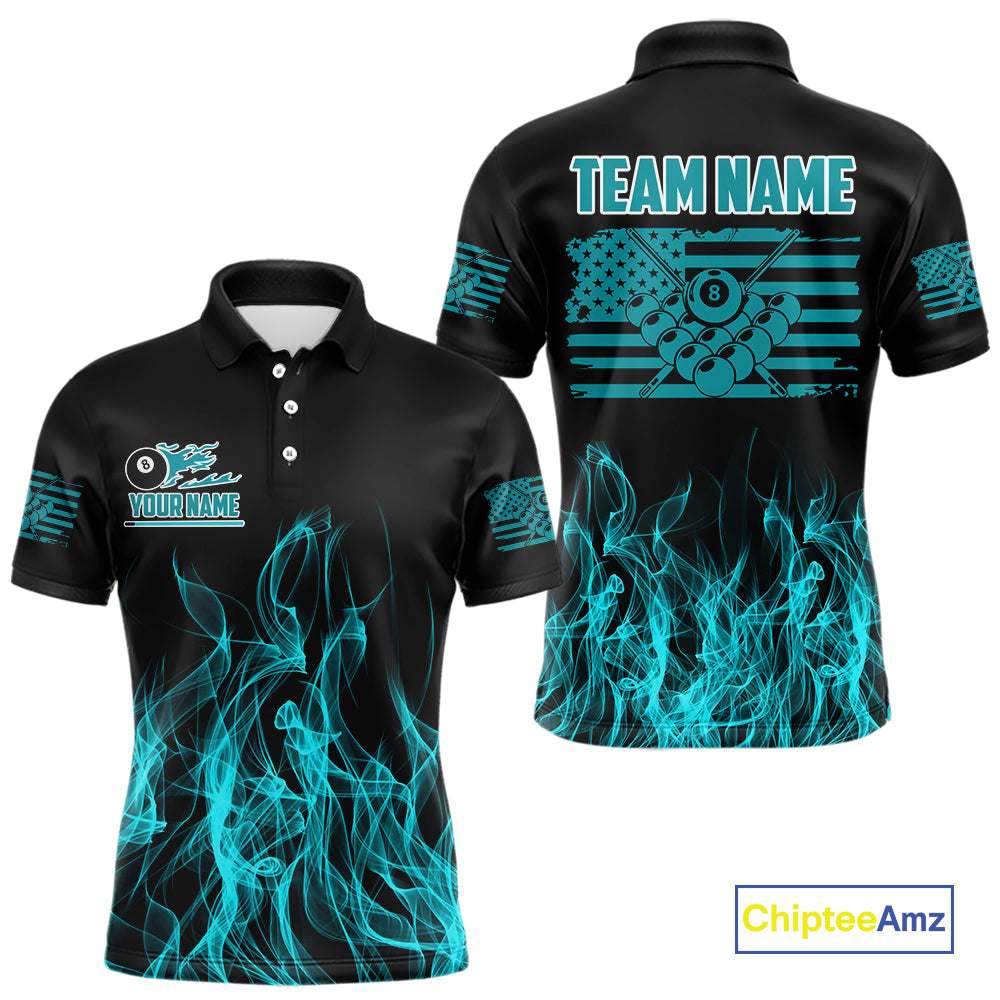 Turquoise Flaming American Flag Men's Billiard Shirt Custom Patriotic Pool Player Billiard Jersey TDM4194