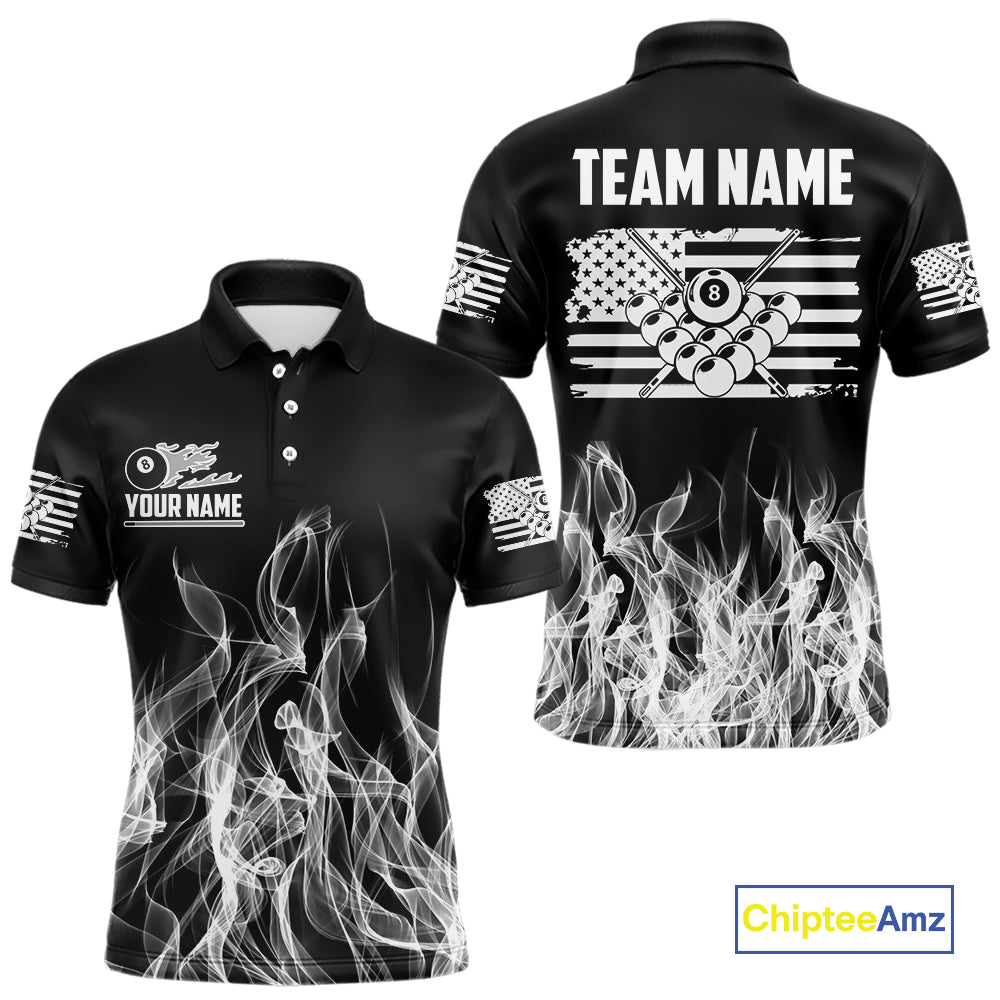 White Black Flaming American Flag Men Billiard Shirt Custom Patriotic Pool Player Billiard Jersey TDM4195