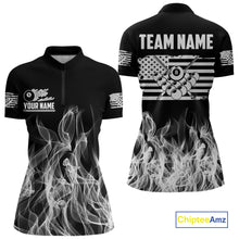 Load image into Gallery viewer, White Black Flaming American Flag Women Billiard Shirt Custom Patriotic Pool Player Billiard Jersey TDM4195