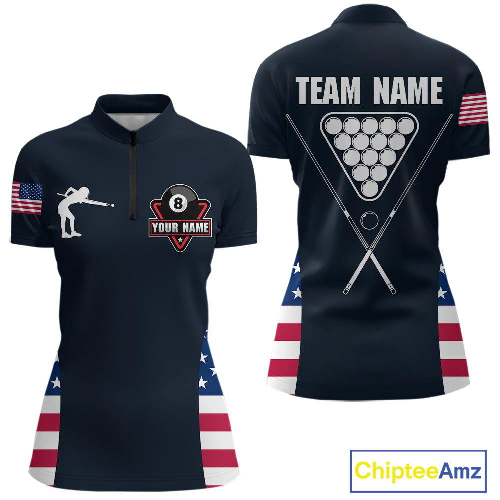 Custom US Flag 8 Ball Pool Billiard Shirt For Women, Billiard Team Jersey Polo & 1/4 Zip |Navy Blue TDM5478