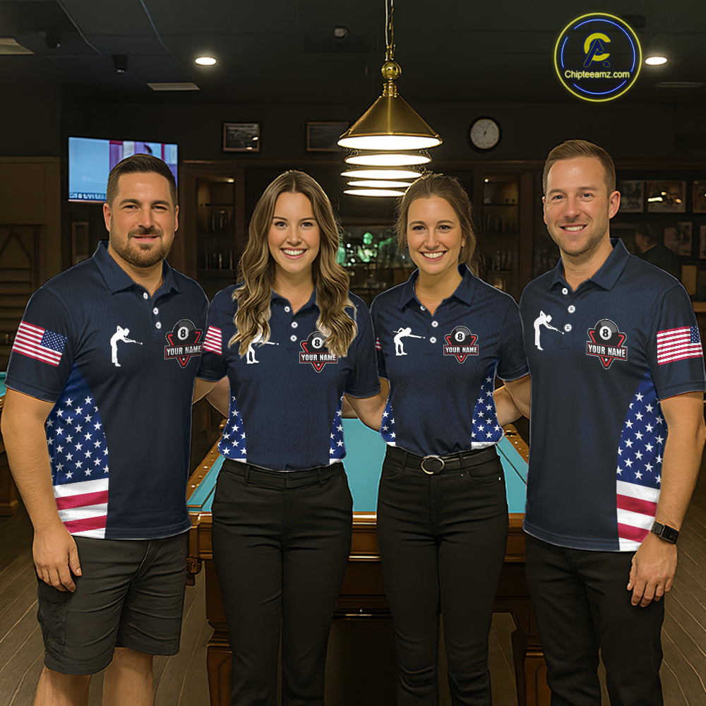 Custom US Flag 8 Ball Pool Billiard Shirt For Men, Billiard Team Jersey Polo & 1/4 Zip |Navy Blue TDM5478
