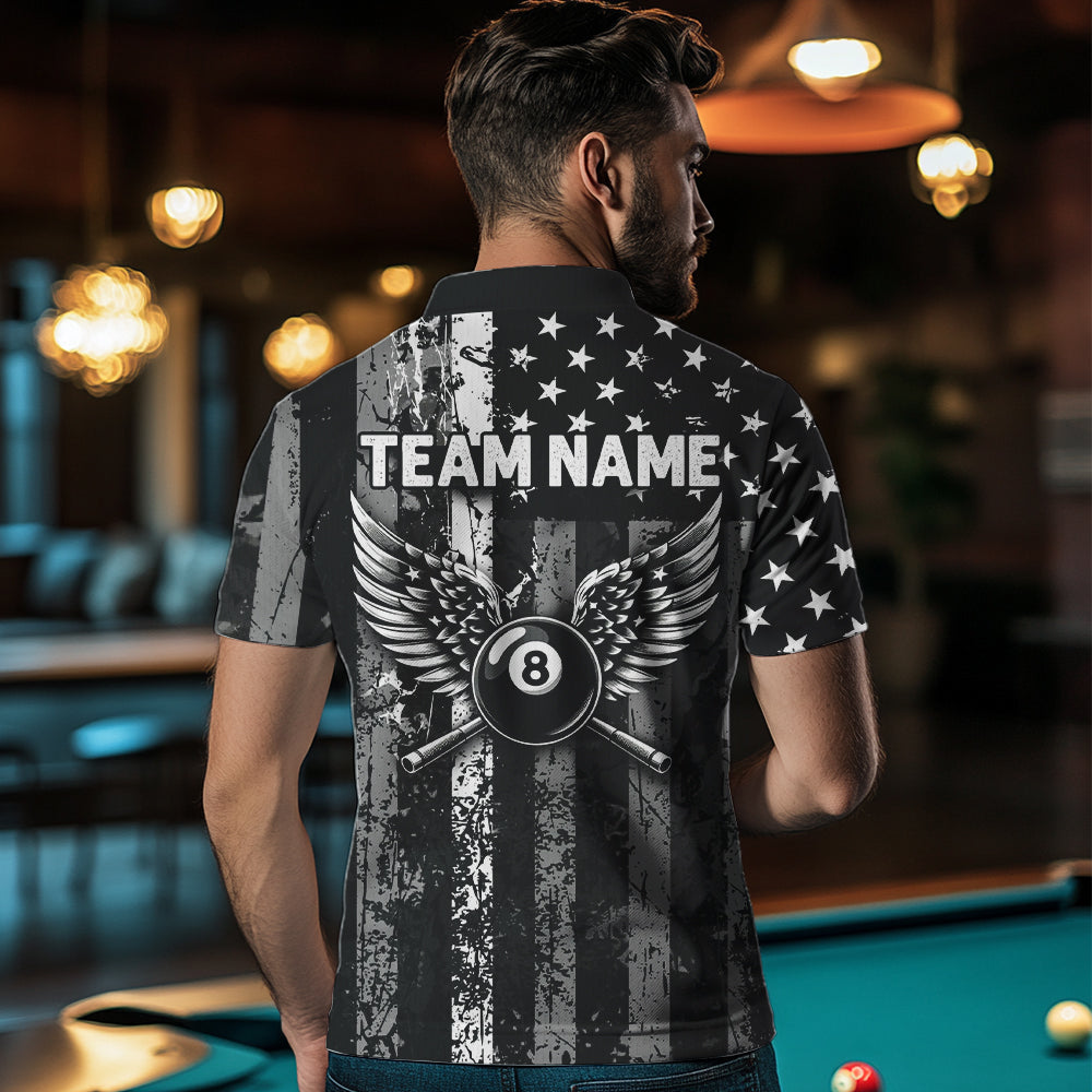 Black White 8 Ball Wings Grunge US Flag Patriotic Billiard Shirts For Men Custom Billiard Jerseys TDM3572
