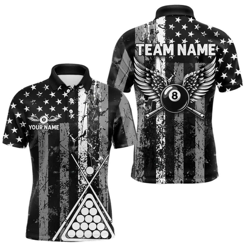 Black White 8 Ball Wings Grunge US Flag Patriotic Billiard Shirts For Men Custom Billiard Jerseys TDM3572