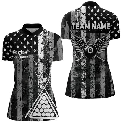 Black White 8 Ball Wings Grunge US Flag Patriotic Billiard Shirts For Women Custom Billiard Jerseys TDM3572