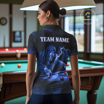 Personalized Smoke Skull Blue Billiard Shirts For Women, Grim Reaper Pool Jersey Team Polo & 1/4 Zip TDM5934