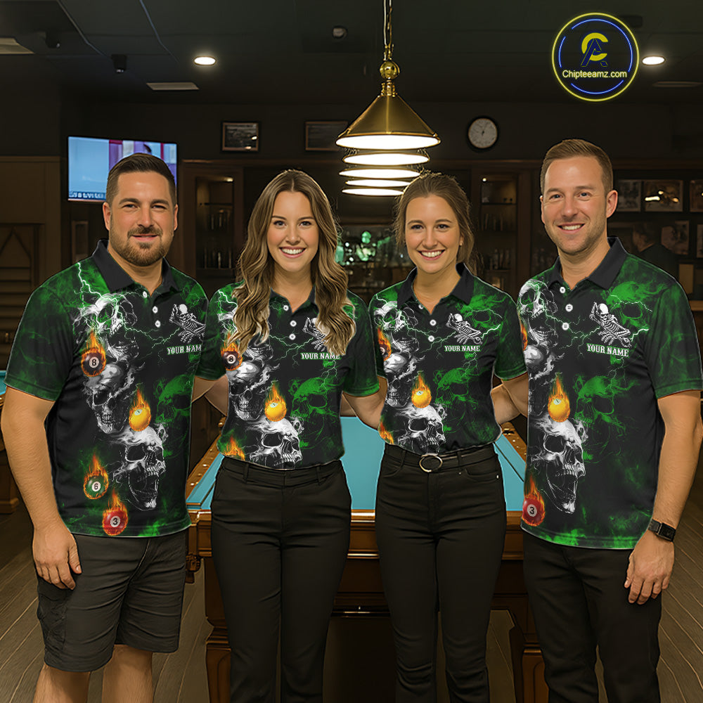 Personalized Smoke Skull Green Billiard Shirts For Men, Grim Reaper Pool Jersey Team Polo, 1/4 Zip TDM5935