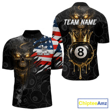 Load image into Gallery viewer, Billiard Skull 8 Ball Crown US Flag Polo &amp; 1/4 Zip Pool Team Shirt For Men Custom Billiard Jersey TDM6353