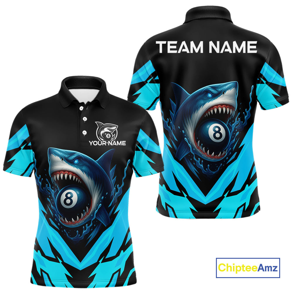 Personalized Blue 8 Ball Pool Billiard Shark Polo & 1/4 Zip For Men, Billiard Team Pool Jerseys TDM4013