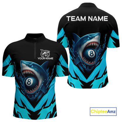 Personalized Blue 8 Ball Pool Billiard Shark Polo & 1/4 Zip For Men, Billiard Team Pool Jerseys TDM4013