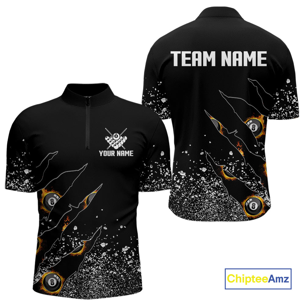 Custom 8 Ball Fire Black Grunge Billiard Shirts For Men, Billiard Team Shirts Pool Jerseys TDM4015