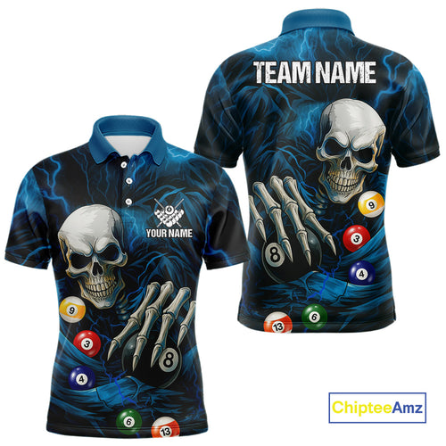 Personalized Blue Funny Skeleton Pool Balls Billiard Shirt For Men, Skull Billiard Team Jerseys TDM4368