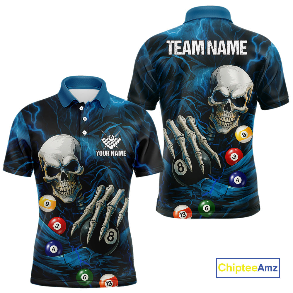 Personalized Blue Funny Skeleton Pool Balls Billiard Shirt For Men, Skull Billiard Team Jerseys TDM4368