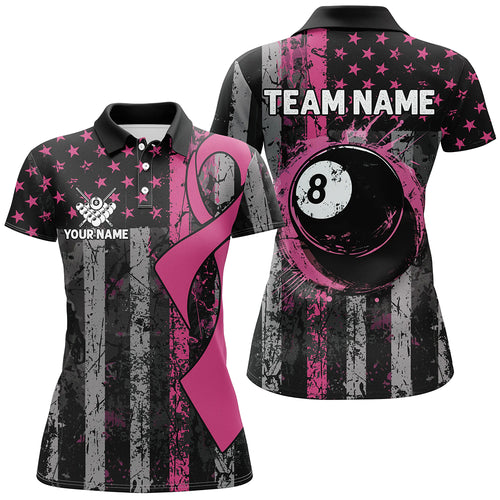 Custom Pink Ribbon Grunge US Flag Patriotic Billiard Shirts For Women, Breast Cancer Billiard Jerseys TDM2512