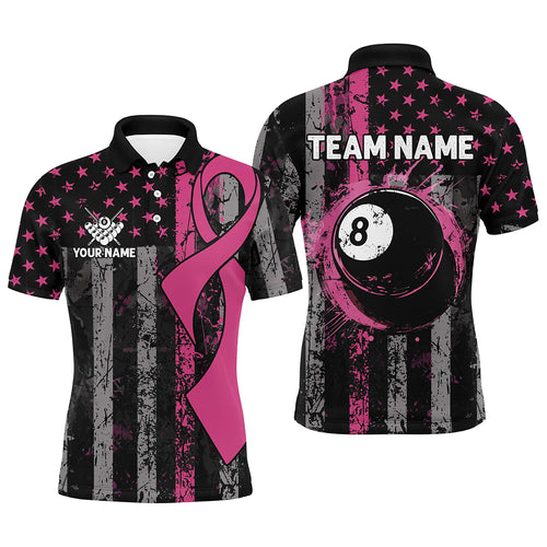 Custom Pink Ribbon Grunge US Flag Patriotic Billiard Shirts For Men, Breast Cancer Billiard Jerseys TDM2512