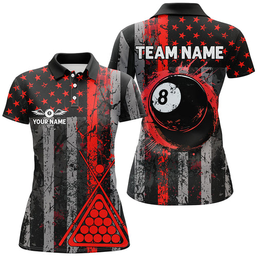 Custom Red Grunge US Flag Patriotic Billiard Shirts For Women, Retro 8 Ball Pool Billiard Team Jersey TDM2513