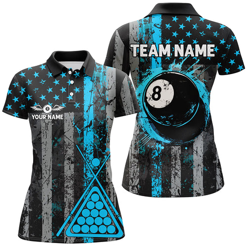 Custom Blue Grunge US Flag Patriotic Billiard Shirt For Women, Retro 8 Ball Pool Billiard Team Jersey TDM2514