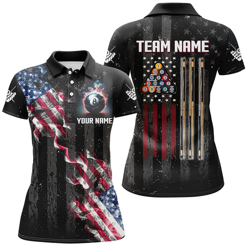 Personalized Black Grunge US Flag Smoke Billiard Shirts For Women, Patriotic Billiard Team Jerseys TDM2759