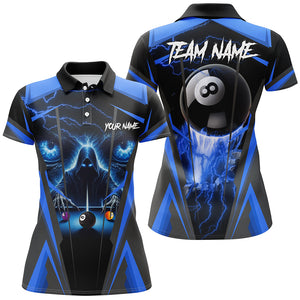 Blue Grim Reaper Billiard Shirts For Women Custom Funny 8 Ball Rushing Out Billiard League Jerseys TDM2766