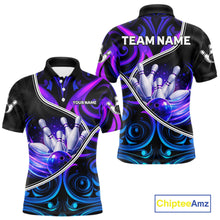 Load image into Gallery viewer, Custom Neon Purple Blue Tribal Bowling Shirts For Men, Bowling Team Jersey Polo &amp; Quarter Zip TDM6106