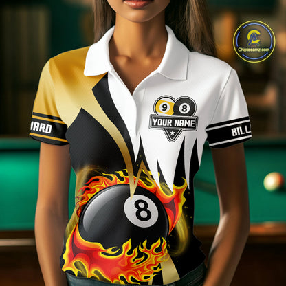 Custom Flame 8 Ball & 9 Ball Billiard Shirt For Women, Pool Team Jersey Polo & Quarter Zip |Gold TDM6539