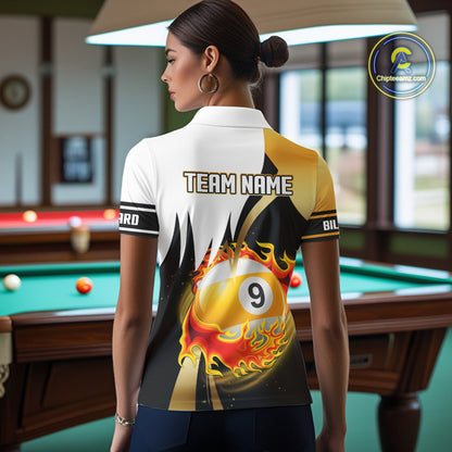 Custom Flame 8 Ball & 9 Ball Billiard Shirt For Women, Pool Team Jersey Polo & Quarter Zip |Gold TDM6539