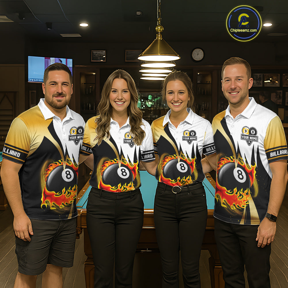 Custom Flame 8 Ball & 9 Ball Billiard Shirt For Women, Pool Team Jersey Polo & Quarter Zip |Gold TDM6539