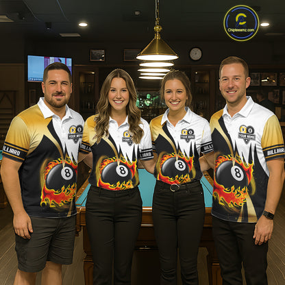 Custom Flame 8 Ball & 9 Ball Billiard Shirt For Women, Pool Team Jersey Polo & Quarter Zip |Gold TDM6539