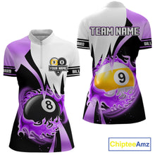 Load image into Gallery viewer, Custom Flame 8 Ball &amp; 9 Ball Billiard Shirt For Women, Pool Team Jersey Polo &amp; Quarter Zip |Purple TDM6541