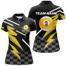 Load image into Gallery viewer, Personalized 9 Ball Pool Tournament Billiards Shirts For Women, Yellow Black 9 Ball Billiard Jerseys TDM1837