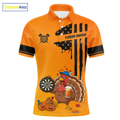 Custom Orange Funny Drunk Turkey US Flag Darts Jerseys For Men, Thanksgiving Darts Team Shirts TDM7279