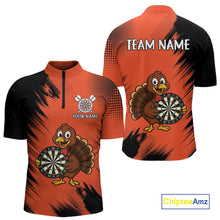Load image into Gallery viewer, Custom Orange Funny Turkey Darts Shirt For Men, Thanksgiving Darts Team Jersey Polo &amp; 1/4 Zip TDM4803