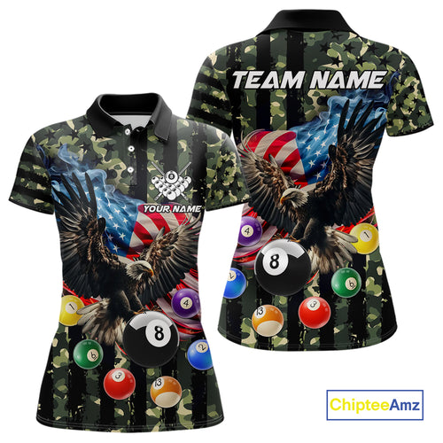 Green Camo American Flag Eagle 8 Ball Billiard Shirt For Women Custom Patriotic Pool Team Jerseys TDM4810