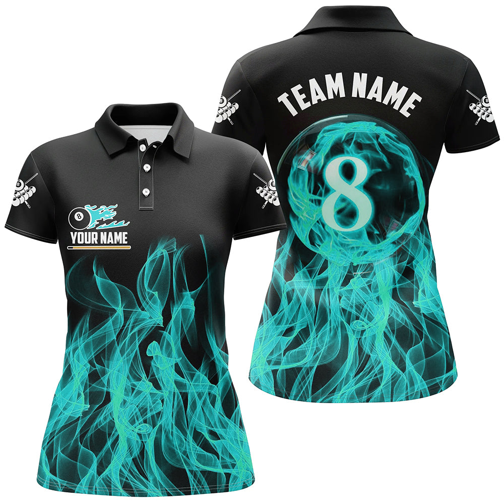 3D Turquoise Flaming 8 Ball Pool Magic Women Billiard Polo & 1/4 Zip Shirt Custom Pool Player Jersey TDM2772