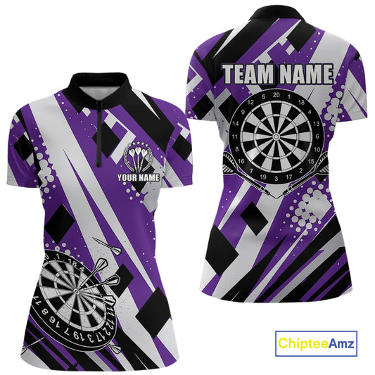 Custom Purple Geometric Darts Polo & Quarter Zip For Women, Darts Team Jersey Outfit TDM5025