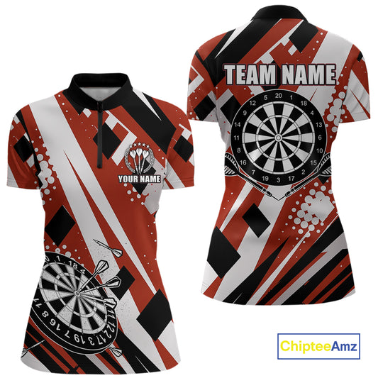 Custom Red Geometric Darts Polo & Quarter Zip For Women, Personalized Darts Team Jersey Outfit TDM5026