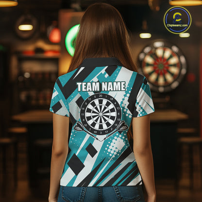 Custom Turquoise Geometric Darts Polo & Quarter Zip For Women, Darts Team Jersey Outfit TDM5027